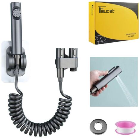 Pulvérisateur de bidet à main, 1 entrée, 2 sorties, robinet à double commande, pression d'eau réglable, sortie d'eau de 20 mm (gris) (1/5)