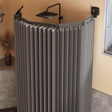 Rideau de douche pliable avec tringle, tringle en forme de L/U et ventouse puissante, angle réglable (100200cm, gris)