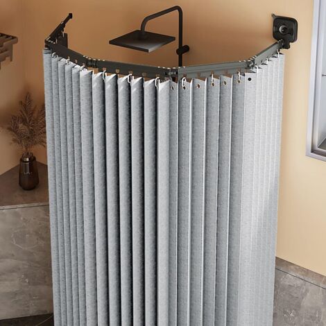 Barre de rideau de douche pliable avec ventouse, rideau de douche (1 x 2 m) et anneaux inclus, installation sans perçage (Gris clair, 2 volets)