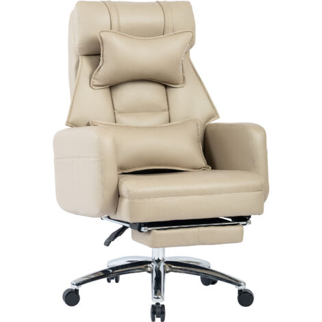 LEDANDER Fauteuil de bureau pivotant, fauteuil de bureau en cuir véritable à dossier haut, avec soutien lombaire et appui-tête, inclinable à 155°, beige (1/5)