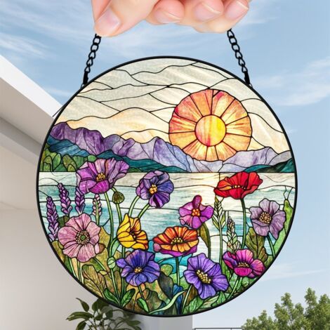 20 cm Attrape-soleil vitrail fleurs suspendu, décoration fenêtre lumineuse, cadeau anniversaire femme (1/5)