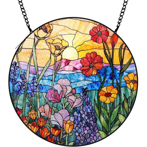 9 cm Attrape-soleil fleurs colorées en verre, panneau vitrail décoratif, cadeau pour couple maman (1/5)