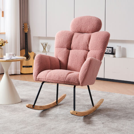 055 Chaise à bascule, tissu doux en duvet. Assise rembourrée, idéale pour le salon et la chambre à coucher. De couleur rose. (1/5)