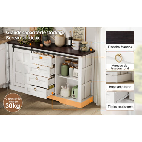 150 x 40 x 85 cm. Meuble de cuisine doté d’un espace de rangement, de portes battantes et de quatre tiroirs. Meuble au style rustique, dans une démarche vintage (1/5)