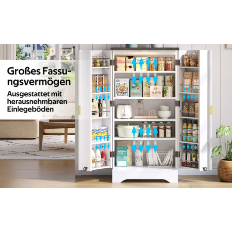 Armoire de cuisine avec éclairage par LED et étagère pour les épices. Grande armoire à deux portes, dotée d’étagères réglables et d’un design moderne. Couleur blanche. Dimensions : 120 x 60,5 x 40 cm (1/5)
