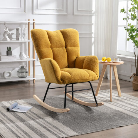 009 Chaise à bascule moderne du milieu du XXe siècle, en tissu teddy, avec un revêtement décoré. Assise confortable, parfaite pour le salon et la chambre à coucher. Couleur jaune. (1/5)