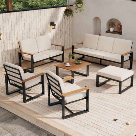 Set de meubles de jardin : fauteuils de jardin, 1 canapé 3 places, 1 canapé 2 places, 2 canapés 1 place, table basse et tabourets, plateau bois d’akazi, design simple, acier électroliqué, couleur beig (1/5)