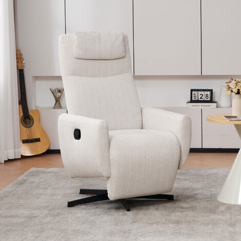 022 Chaise de relaxation confortable avec fonction de position allongée. Chaise de tissu à motif écru, avec appuis-têtes, et chaise-lit pivotante pour la salle à manger. Canapé moderne, couleur beige. (1/5)