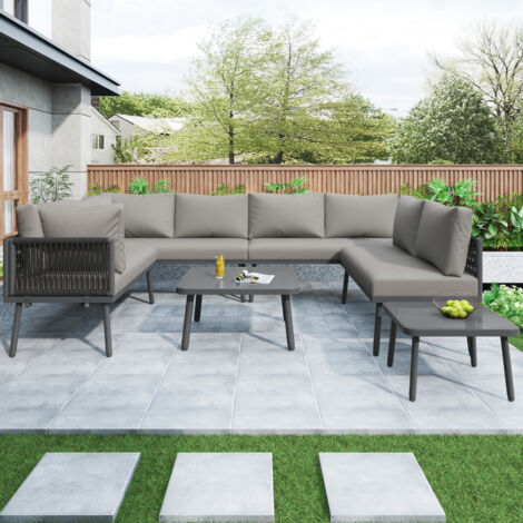 Set de chaises en métal pour jardin, ensemble en forme d’U pour balcons, résistant au climat extérieur, pour 8 personnes, comprend 2 tables et 4 chaises, oreillers inclus. (1/5)