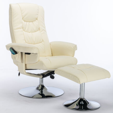 Fauteuil de massage avec coussin en PU, et ottomane. Banc de massage équipé d’un appareil de massage à 5 points, idéal pour les salons et les chambres à coucher. Couleur beige. (1/5)