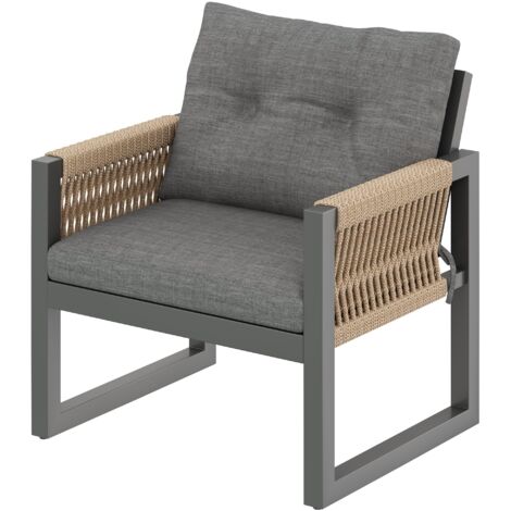 Conjoint moderne pour sofas en extérieur, pour détente et réunions, cadre en métal, accoudoirs tressés, inclut coussins, bureau multifonctionnel. (1/5)