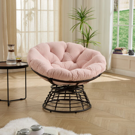 Chair ergonomique confortable en wicker, pivotante à 360°. Chaise en raisin, idéale pour les pièces à vivre, les chambres, les espaces de lecture. Cadre marron avec coussin rose (cuir). (1/5)