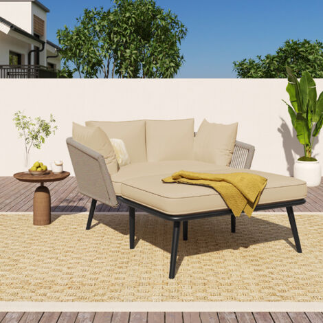 Canapé de jardin avec 2 coussins et 2 accoudoirs, chaise longue pour détente en plein air, ensemble de meubles pour jardin, salon ou terrasses, coussins amovibles et lavables, tissu khaki. (1/5)
