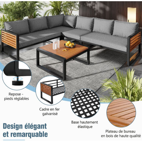 Canapé de jardin pour 5-6 personnes, moderne pour extérieurs, cadre fer galvanisé, appuis-têtes décoratifs bois, idéal jardin et terrasse. (1/5)