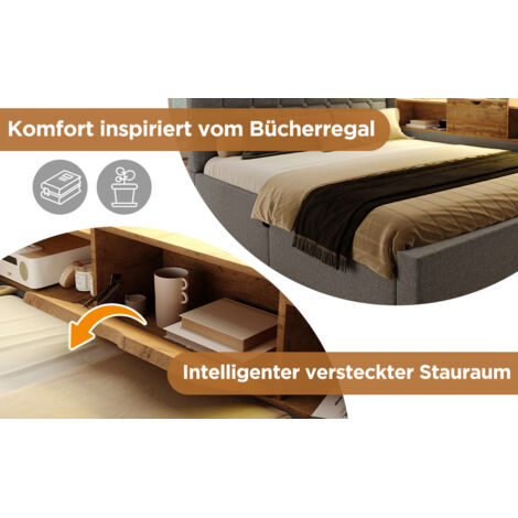 Lit coffre 140x190 cm, lit double, éclairage LED, tiroirs hydrauliques intérieurs, structure L, installation latérale possible, matelas bois, tissu lin, couleur grise, sans matelas. (1/5)