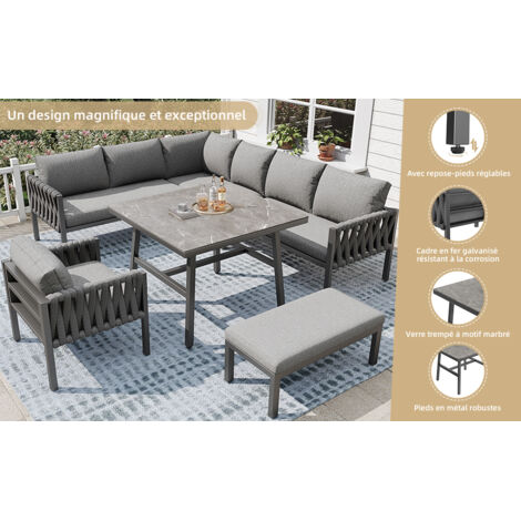 Set de meubles de jardin. Set de meubles de jardin en métal galvanisé. Pieds réglables. Fauteuil d’angle. Plateau de table en verre durci. Inclut tous les coussins pour les sièges et le dos. Couleur g (1/5)