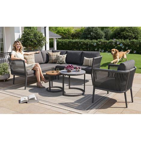 Confortable ensemble de meubles pour 5 à 6 personnes, grand canapé extérieur, série de 6 fauteuils résistants à l’eau avec coussins, modulaire pour terrasse ou balcon, couleur grise. (1/5)
