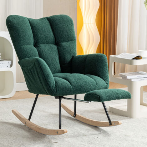 009B Nouveau fauteuil à bascule moderne, avec un rembourrage et un tissu en teddy. Il possède également une base mobile pour faciliter son déplacement. Couleur : vert. (1/5)