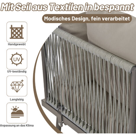Set de meubles de jardin en fer, fil gris, forme de L, avec coussins, pieds ajustables, 2 canapés et 1 table. (1/5)