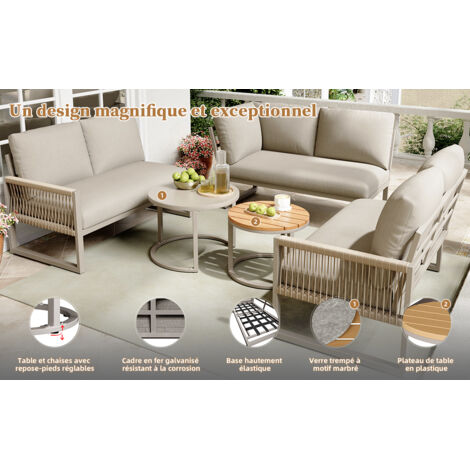 Set de meubles pour 6 à 7 personnes. Canapé d’angle avec structure en fer galvanisé. Pieds réglables. Inclut tous les coussins pour le siège et le dos. Couleur beige. (1/5)