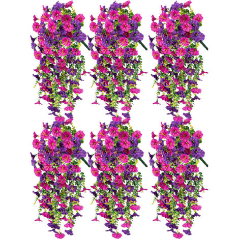Décoration de jardin de printemps et d'été 6 pièces, gloire du matin artificielle avec feuilles, violet et rose rouge
