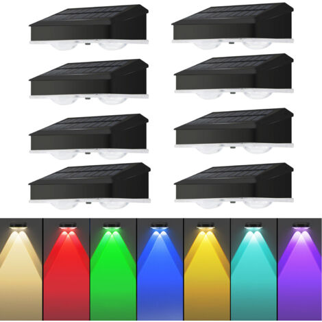 Lot de 8 lampes solaires d'extérieur pour clôture, éclairage mural à lentille haute luminosité, blanc chaud et RVB, pour jardin (1/5)