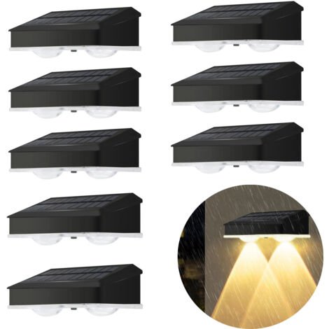 Lot de 8 lampes solaires d'extérieur pour clôture, éclairage mural à lentille haute luminosité, étanches, lumière chaude, pour jardin (1/5)