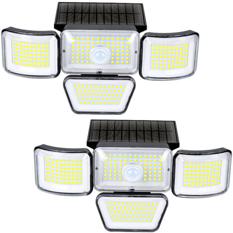 Lot de 2 lampes solaires d'extérieur étanches, 4 têtes, 278 LED, applique murale de sécurité avec détecteur de mouvement, 3 modes d'éclairage (1/4)