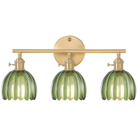 Applique murale 3 lumières en laiton pour miroir avec abat-jour tulipe vert, pour chambre et salon, ampoules non incluses (1/5)