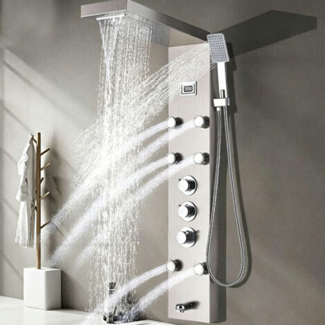 LEDANDER Colonne de douche contemporaine en acier inoxydable — Mitigeur 5 fonctions — Pommeau de douche Pluie et Cascade + Douchette à main + Buses de massage — Finition Nickel brossé (1/5)
