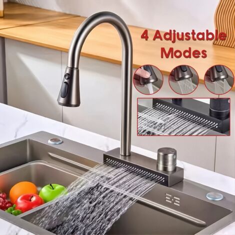 Robinet de cuisine cascade, robinet mélangeur chaud et froid à 4 modes pour évier de comptoir, robinet de salle de bain moderne (1/5)