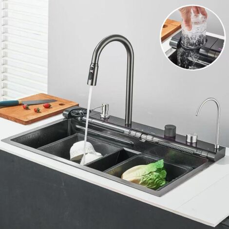 Évier de cuisine de style cascade,robinet d'eau chaude et froide, acier inoxydable 304,avec affichage numérique, robinet extractible et rince-tasses. (1/5)