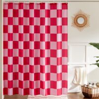 AUTRUCKER Rideau de douche à motif damier de salle de bain, rideau de douche lavable rétro, rideau de douche de salle de bain, 180180cm, rose rouge