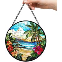 9 cm Panneau attrape-soleil vitrail oiseau fleurs, décoration fenêtre, idée cadeau grand-mère