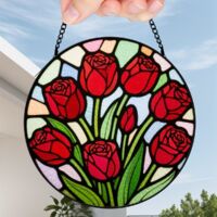 16 cm Attrape-soleil vitrail fleurs sauvages coucher de soleil, décoration murale maison, cadeau maman