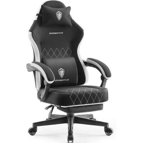Gaming Chair Fabric with Spring Cushion, Massage Lumbar Support, Office Chair with Footrest for Adults, Ergonomic Gaming Armchair, Large and High for Office Gaming, 135 kg, Black (1/5)