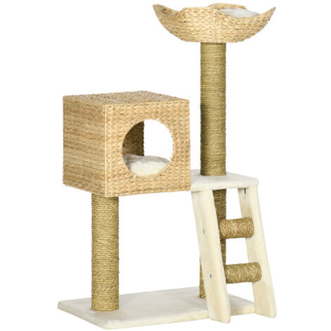 Arbre À Chat 100,5 Cm Avec Niche, Lit En Hauteur, Échelle, Poteaux En Sisal Et Coussins Pour Petits Chats Naturel (1/5)