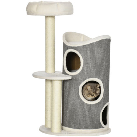 Arbre À Chat 109 Cm Avec Tonneau À Griffer, Lit Pour Chat Et Poteaux En Sisal, Gris Et Blanc (1/5)