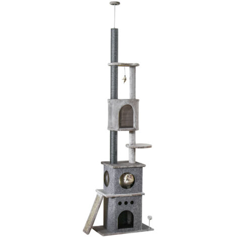 Arbre À Chat XXL Réglable En Hauteur 225-255 Cm Avec Jouet, Poteaux En Sisal Et Niches, Gris Clair