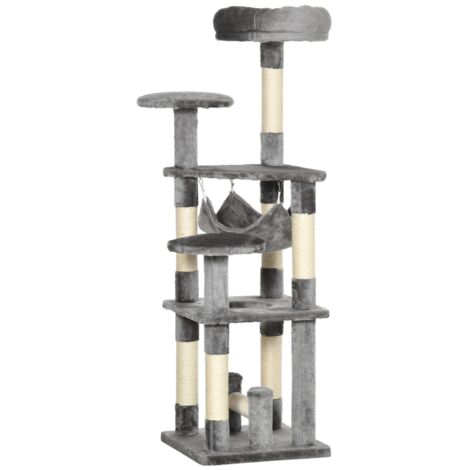 Arbre À Chat Gris 132 Cm Avec Hamac, Plates-Formes Et Poteaux À Griffer, Tour De Jeu Et D’Escalade 40x40x132 Cm (1/2)