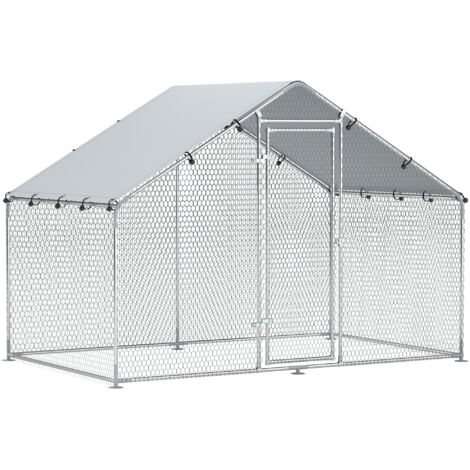Enclos Extérieur pour Poules – Poulailler Grillagé 300 x 170 x 190 cm – Acier Galvanisé – Toit Imperméable Anti-UV – Argenté