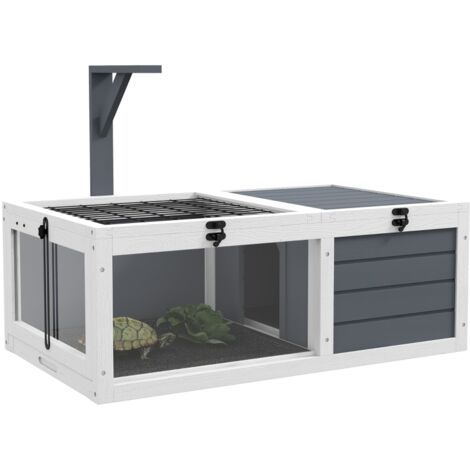 Maison pour Tortue – Terrarium pour Reptiles en Bois – 2 Compartiments avec Couvercle, Bacs en Plastique et Fenêtres – Gris