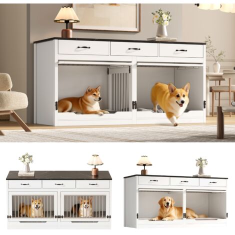 Cage Pour Chien Double – Meuble Cage Pour 2 Chiens – Niche d’Intérieur en Bois et Métal avec Cloison Amovible, 3 Tiroirs, Blanc et Noir (1/3)