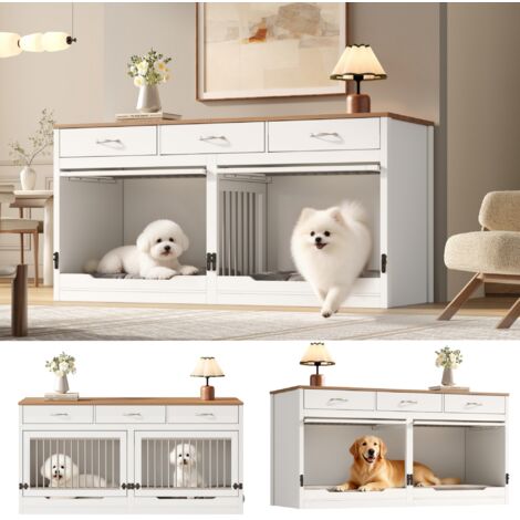 Cage Pour Chien XXL 2 Chiens - Meuble Cage Intérieur en Bois et Métal - Avec 3 Tiroirs et Cloison Amovible - Blanc (1/3)