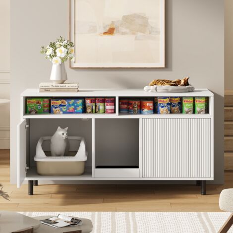 Meuble Litière Chat – Armoire Cache-Litière Chat – Buffet pour Animal avec Étagère et Tapis Attrape-Litière 120 x 50 x 66 cm Blanc (1/3)