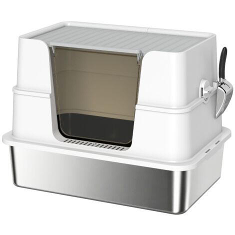 Bac à Litière Chat XXL - Maison de Toilette en Acier Inoxydable - Avec Pelle - Gris Clair