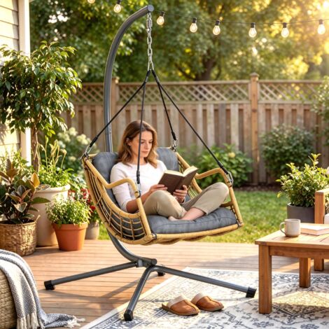Fauteuil Suspendu en Résine Tressée avec Support – Chaise Suspendue – Coussin – Attache de Sécurité – Hauteur Réglable – Gris (1/5)