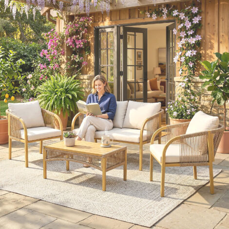 Salon de Jardin Extérieur 4 Pièces – Canapé + 2 Fauteuils + Table – Coussins – Acier et Résine Tressée – 120x72x73 cm – Kaki (1/5)