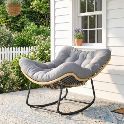 Fauteuil à Bascule de Jardin – Pour Intérieur et Extérieur – Rocking Chair en Résine Tressée – Coussin Moelleux – Gris (1/5)