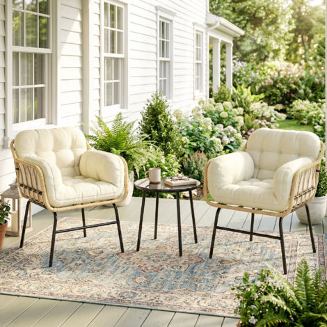 Salon de Jardin Extérieur 3 Pièces en Résine Tressée – Table Verre Trempé – 2 Fauteuils avec Coussins – 62x73x79 cm – Kaki (1/5)